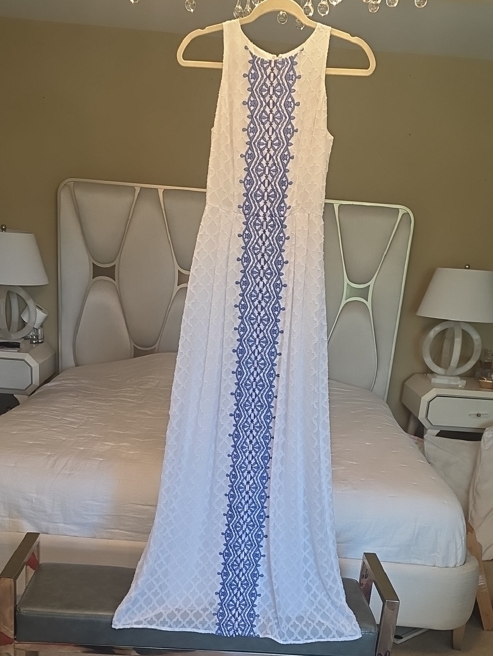 ANTONIO MELANI White Maxi Dress with Blue Embroidered Panel